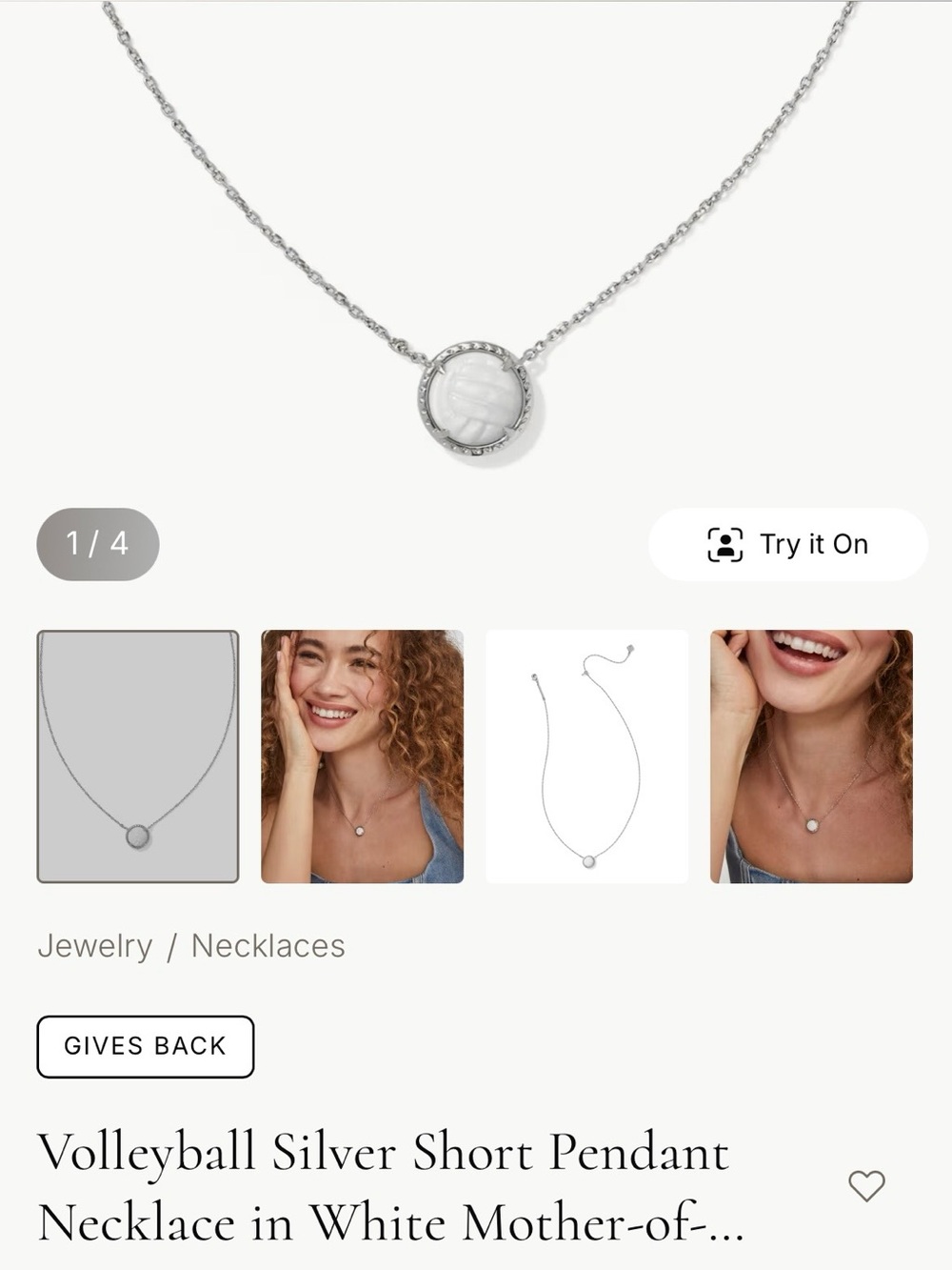 Kendra Scott Silver Necklace with White Mother-of-Pearl Volleyball Pendant